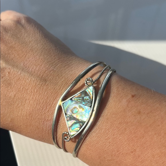 Vintage Alpaca Mexico Cuff Bracelet with Inlaid Abalone Iridescent Shell - Picture 7 of 7
